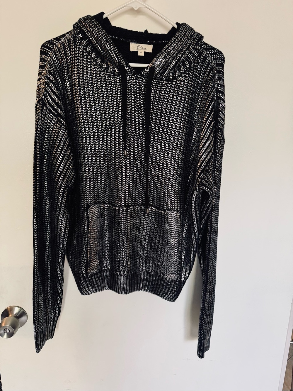Elan Black shiny silver Knit Hoodie Sweatshirt